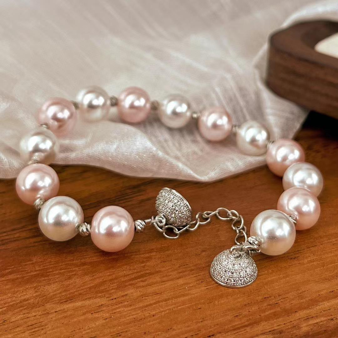 

Vintage Literary And Artistic Fan Warm Powder Shijia High-Gloss Pearl Bracelet Women S Atmosphere Niche Design Bracelet Diamond