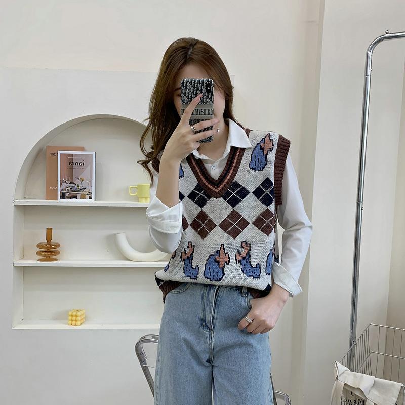 

Женский вязаный свитер, жилет, новый трикотаж большого размера, универсальные пуловеры, топы с v-образным вырезом, без рукавов, джемперы в стиле ретро для девочек One Size кофейный