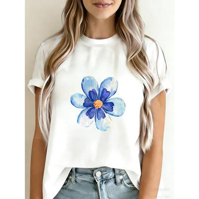T-shirt Casual Stampa Fiori Bianco Blu Outfit Estivo Moda Donna Top Per Uso Quotidiano