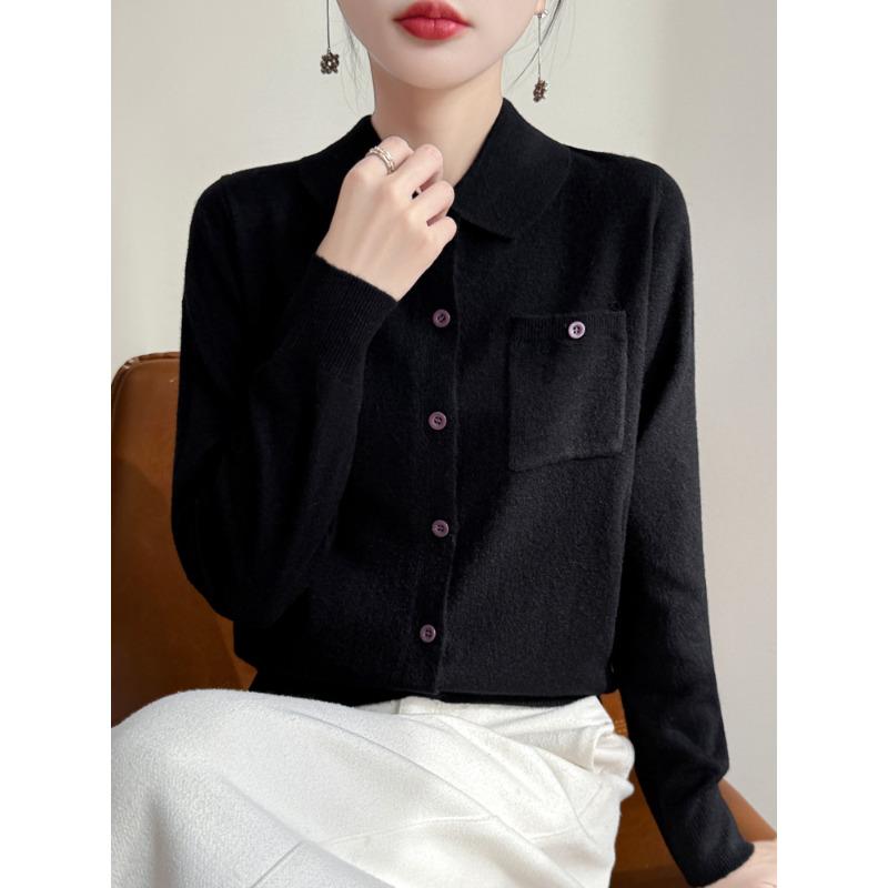 

Весенне-осенний новый повседневный простой кардиган на пуговицах с лацканами, однотонный, с одним карманом XXL чёрный