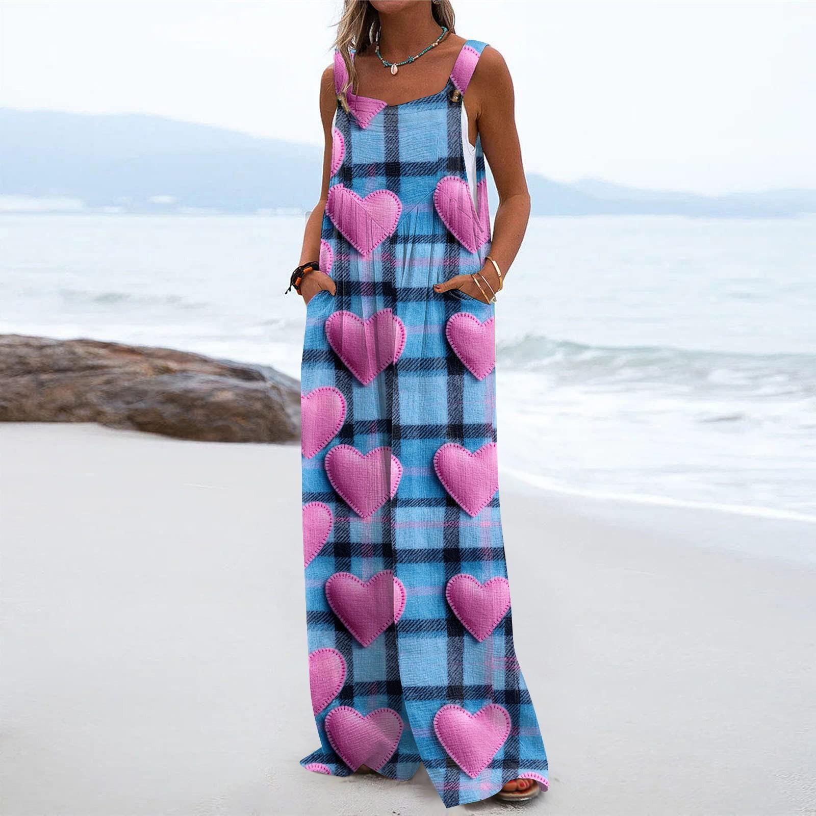 

Широкий комбинезон для женщин, повседневный свободный комбинезон без рукавов с принтом и пуговицами, длинные брюки, комбинезон с карманами L синий