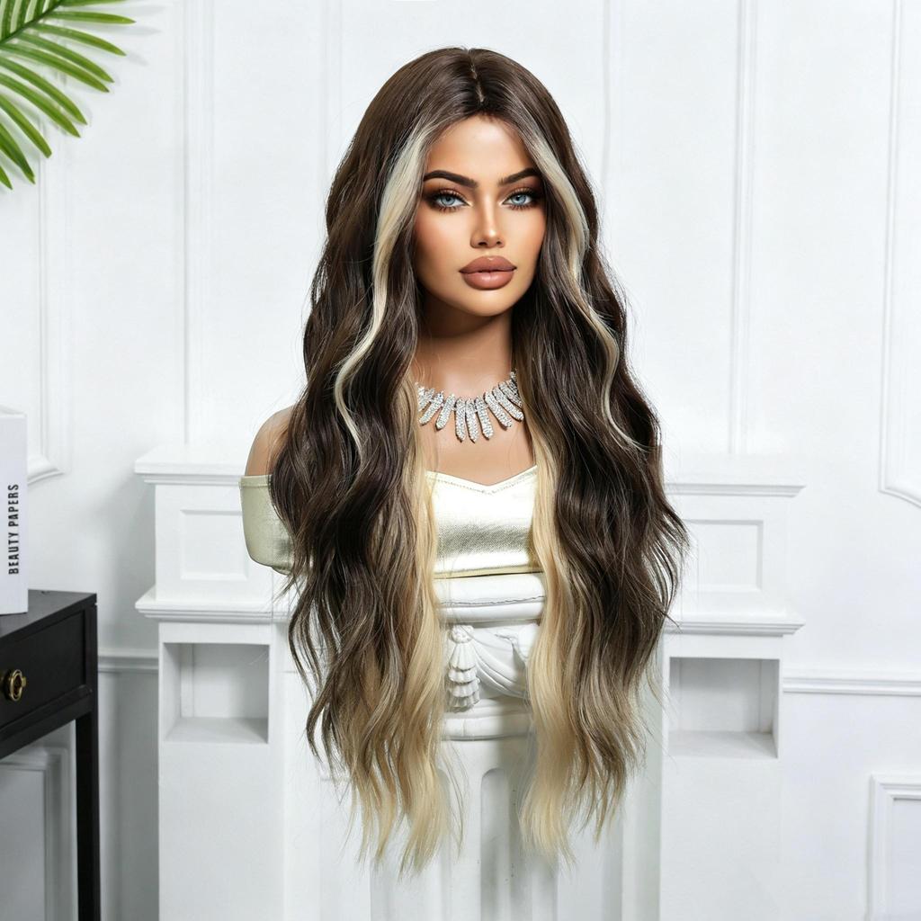 28in Long Wavy  Wigs Natural Highlight Platinum Heat Resistant Synthetic Fiber Women Body Wave Curly Wigs for Christmas Daily Party Daily Used