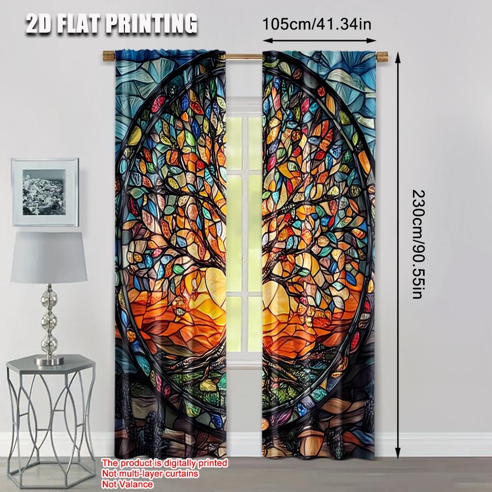 Flat Printing Curtain Stained Glass Tree Life Polyester Without Electricity Festive Wall Decor Home Party Curtains Set Of 2 Made