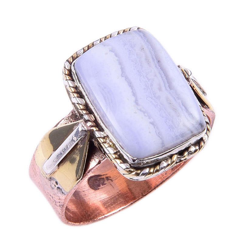 Natural Blue Lace Agate Gemstone 925 Sterling Silver Two Tone Ring Size 9 w5m71