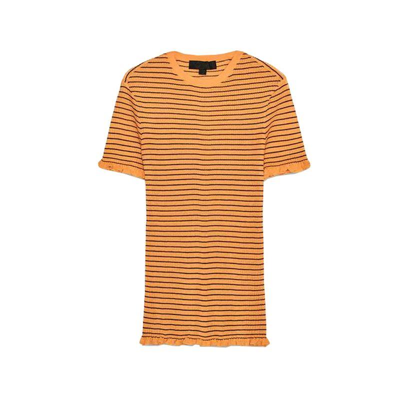 Summer Women Clothes Minimalist Style Laminated Decoration Stripe Rib Round Neck Short Sleeve Knitted Top 3653003