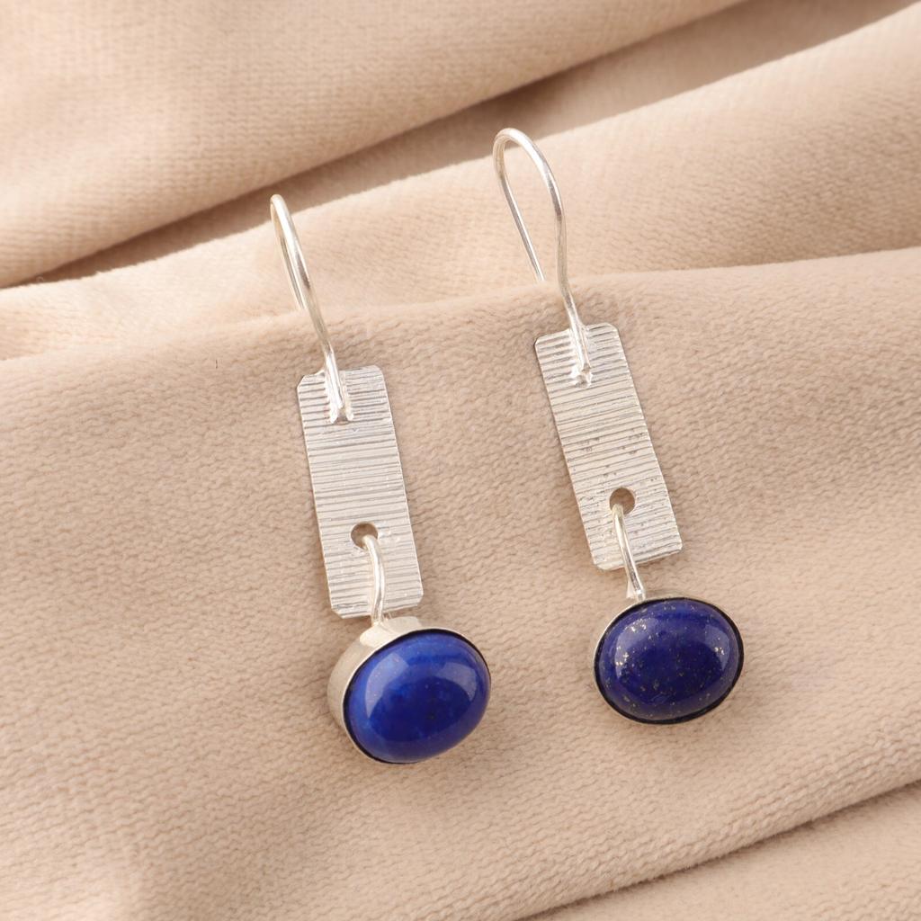 Lapis Lazuli Gemstone 925 Stamped Silver Women's Jewelry Handmade Earrings 1.9" EE-168-25