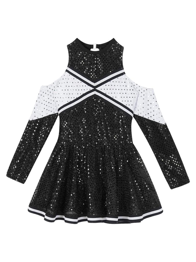 Girls Cheerleading Dress Long Sleeve Off Shoulder Round Neck Contrast Color Shiny Sequins Dance Costume