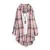 Camicia Giacca da Donna a Quadri Rosa in Cotone e Lino di Media Lunghezza Larga Primavera/Autunno