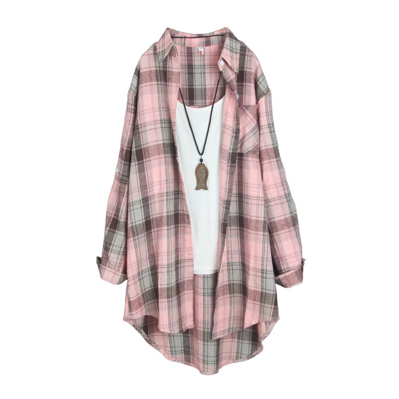 Camicia Giacca da Donna a Quadri Rosa in Cotone e Lino di Media Lunghezza Larga Primavera/Autunno