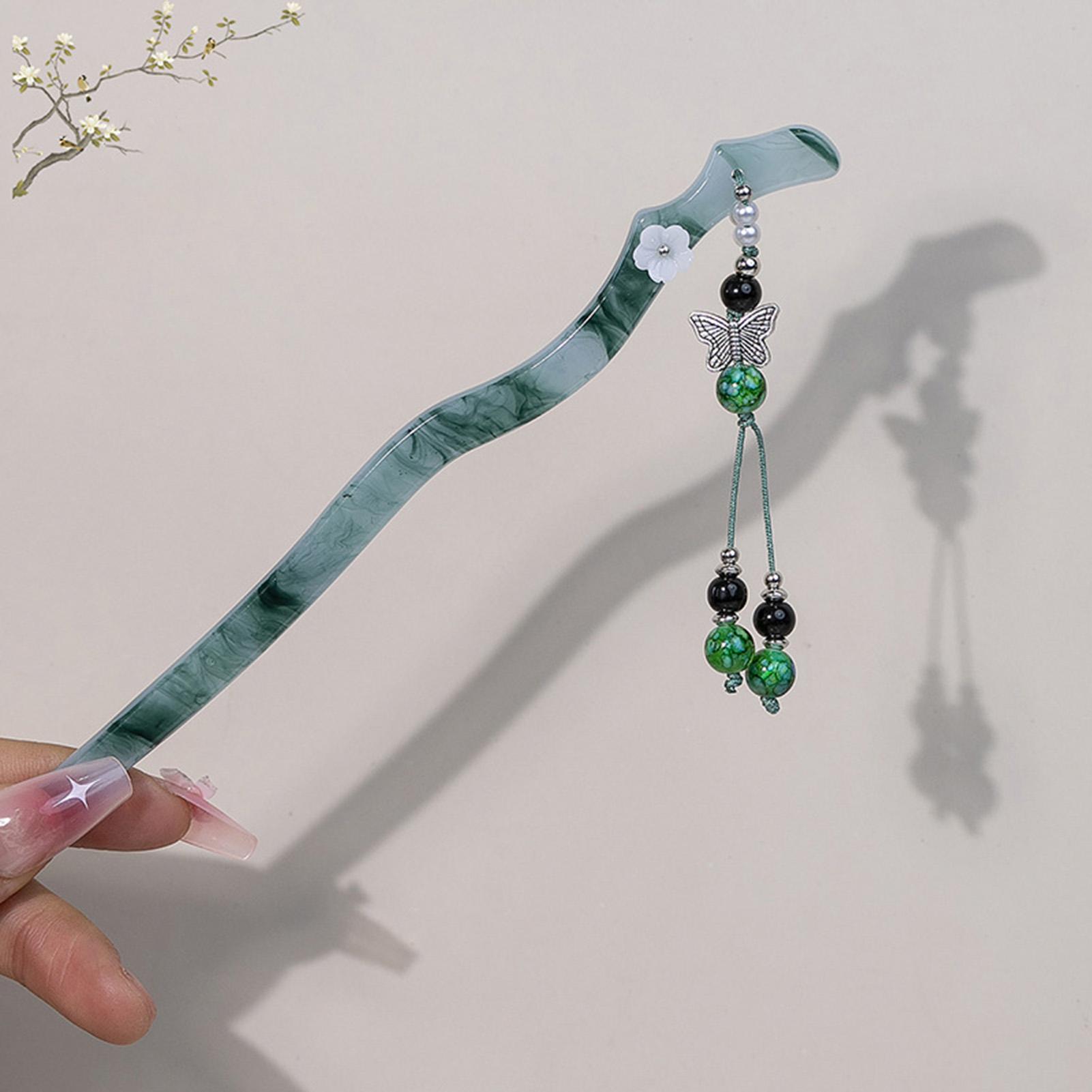 

Ancient Chinese Style Hairpins Gradient Green Color Resin Hair Sticks Forks Chain Tassel Pendant Headpieces Hair Bun Maker