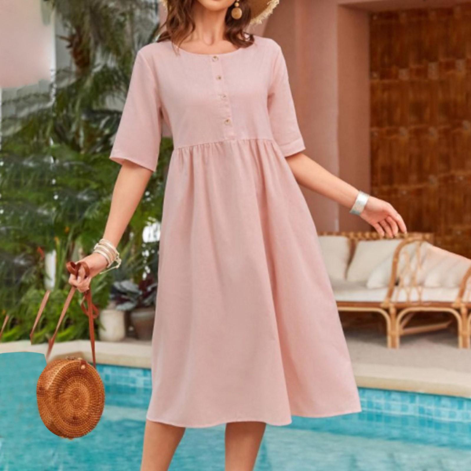 

Женские летние свободные повседневные однотонные карманные платья с короткими рукавами и круглым вырезом XL розовый