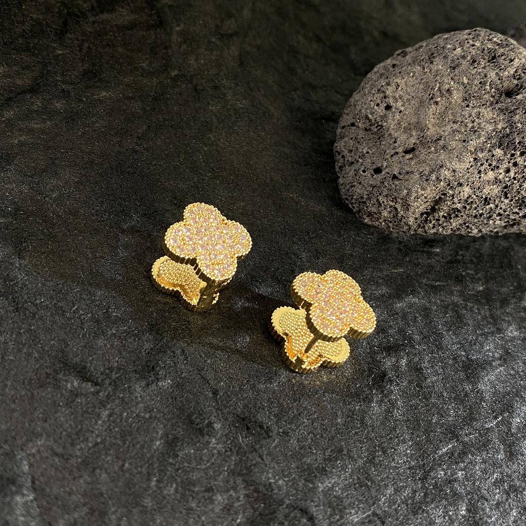 Premium Light Luxury 18K Zirconia Double-sided Four-leaf Clover Earrings Buckle Heavy Women's Earrings