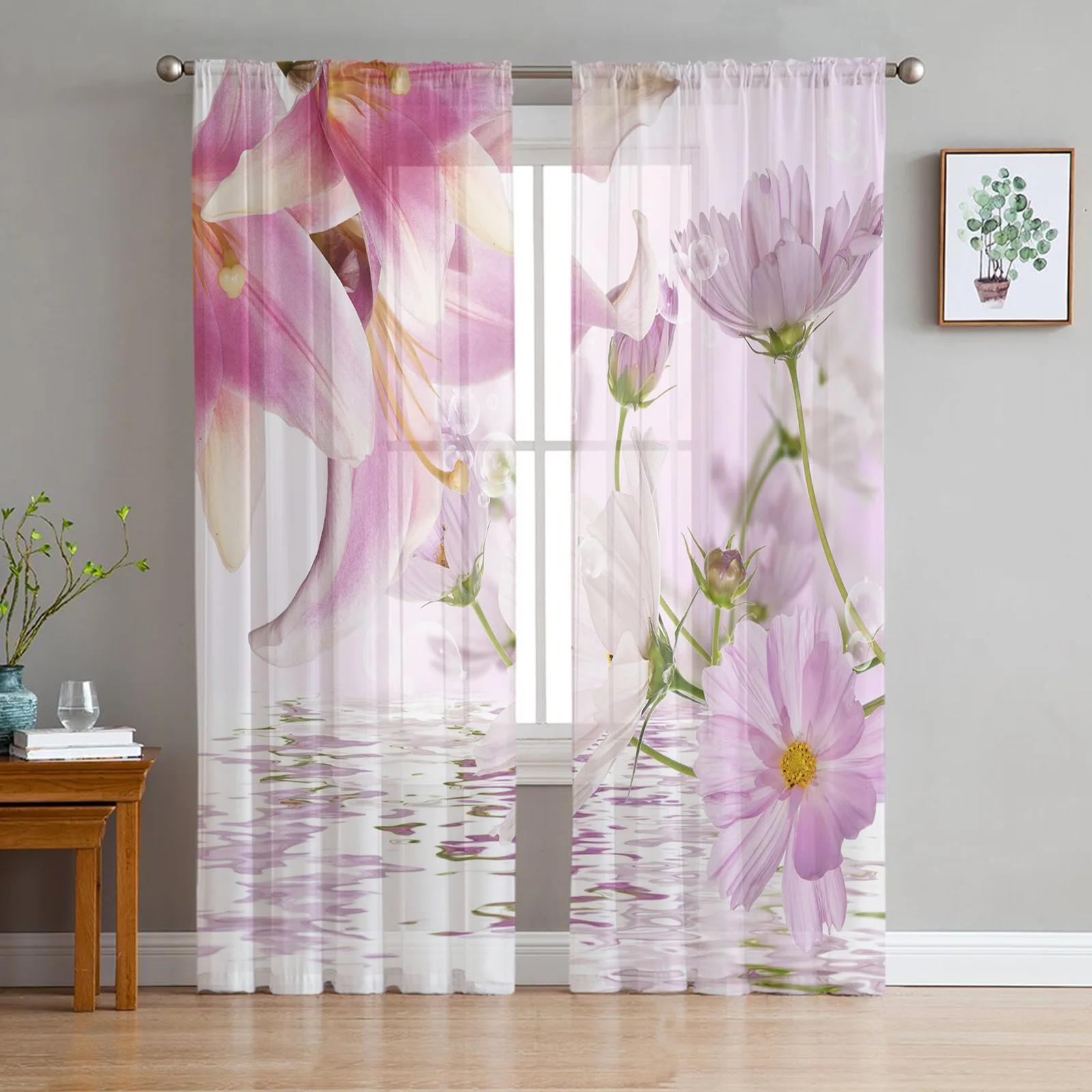 

Сиреневые цветы Абстрактное искусство рабочего стола Шифоновые прозрачные шторы для гостиной Спальня Украшение окна Вуали Тюль Шторы W135 x H115cm x1&Grommet Top