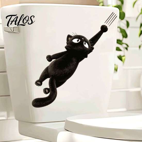 Waterproof Toilet Seat Decor Furry Black Cat Sticker, PVC Bathroom Decal, Removable Funny Stickers Cute Animal Wall Art for Tank And Lid Decoration