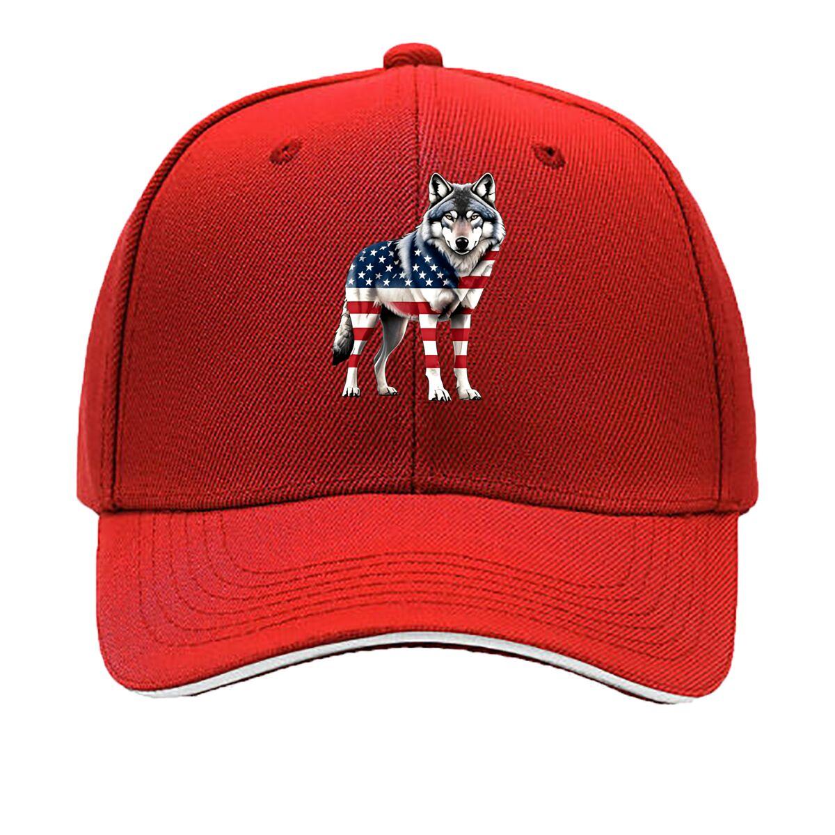 American Flag Wolf Baseball Cap Lightweight Breathable Fabric Adjustable Snapback Closure Sandwich Baseball Cap One Size
