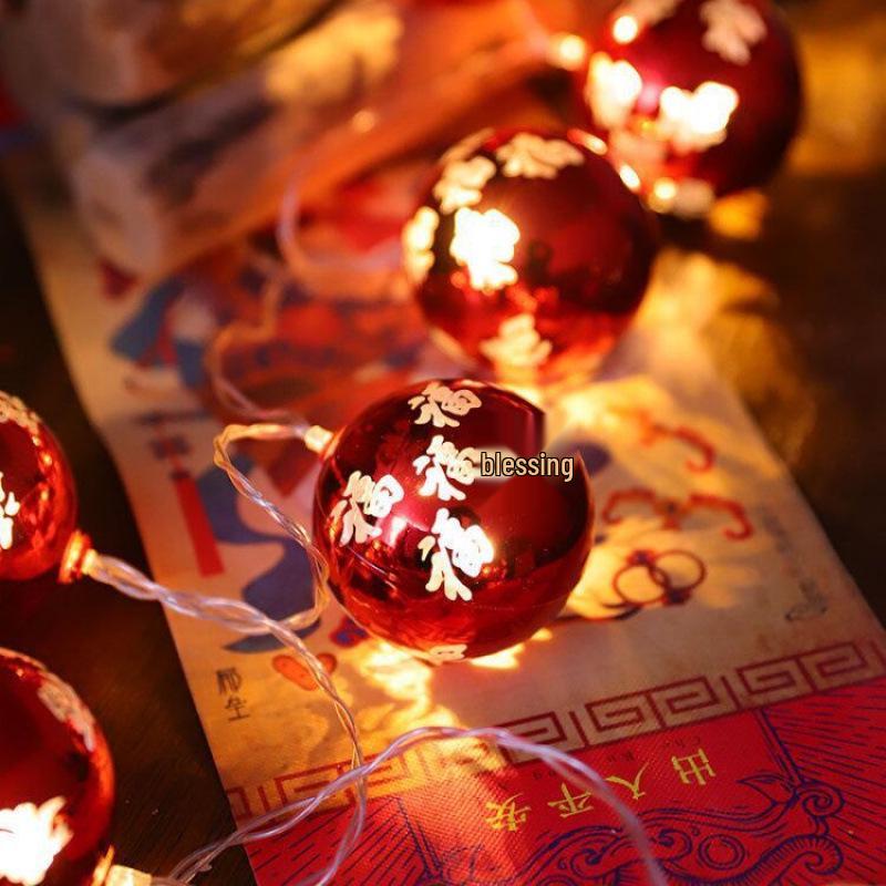 LED Fu Character Five Blessings Red Lantern String Lights - Spring Festival Indoor Decoration, Battery Powered 1.5m 10 Lights USB