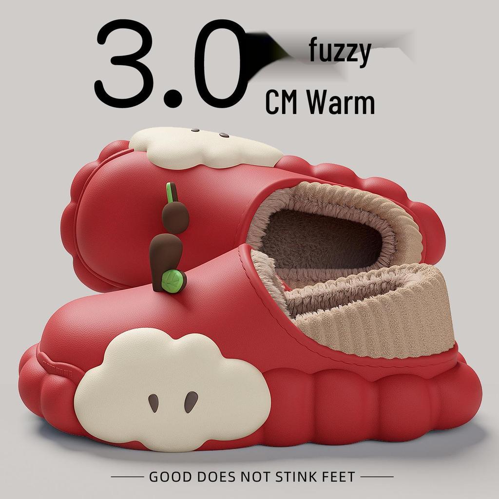 Women's Winter Cartoon Apple Cotton Slippers: Indoor Plush, Warm, Waterproof, Non-Slip Shoes