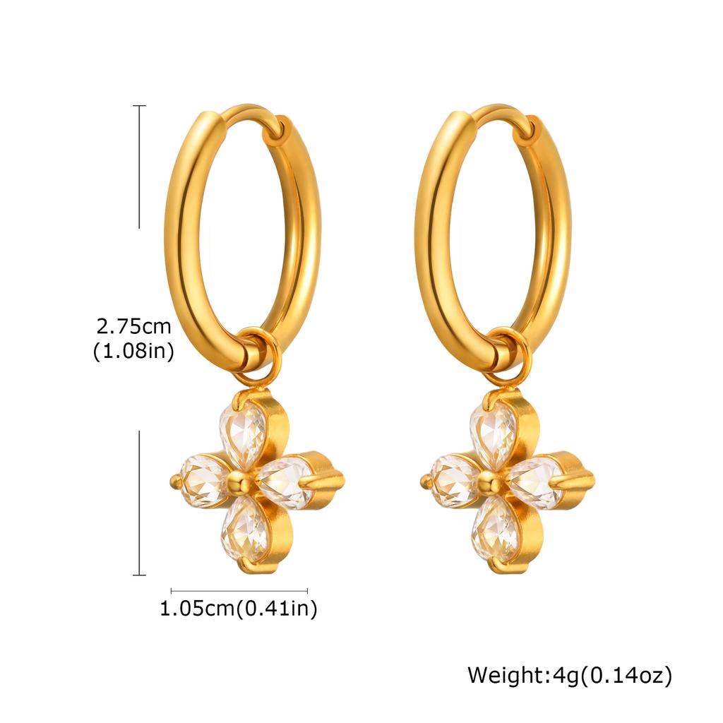 Luxury Zircon Four Leaf Flower Hoop Earrings for Women, Hypoallergenic Stainless Steel Charm Earrings, Party Jewelry Gift