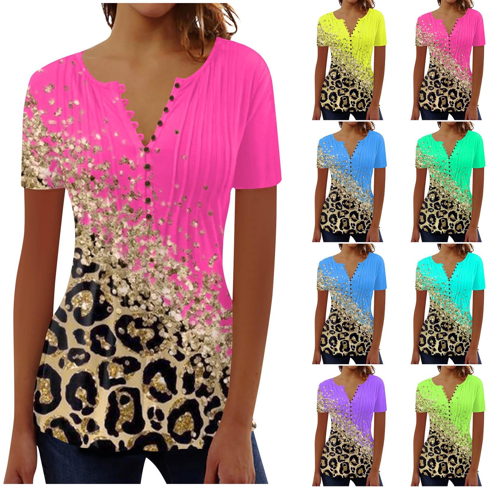 

Женская летняя мода, повседневная футболка с коротким рукавом и принтом на пуговицах и V-образным вырезом, нарядная туника, футболка, топы, топы с леопардовым принтом, женские тонкие топы с принтом