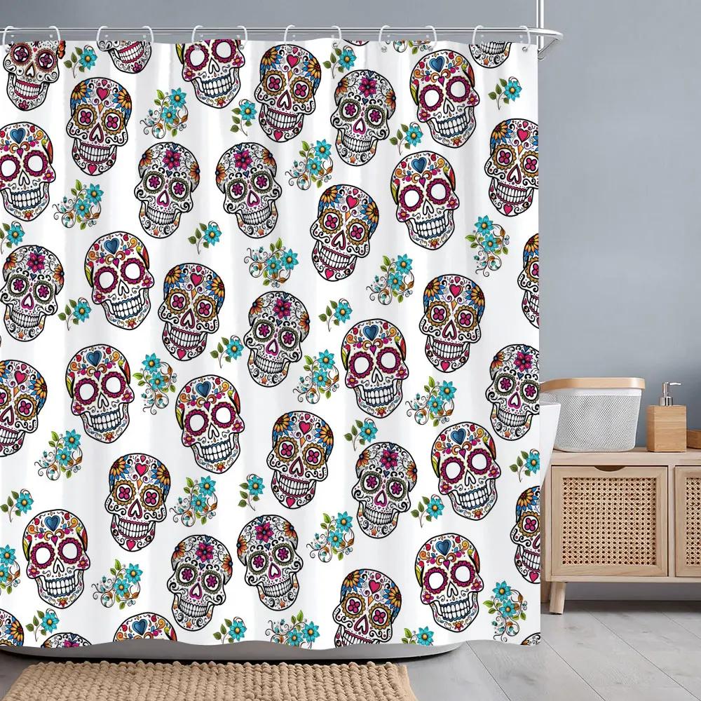 Halloween Skulls Roses Shower Curtain Horror Skulls Crows Red Flowers Polyester Fabric Shower Curtains Bathroom Decor with Hooks