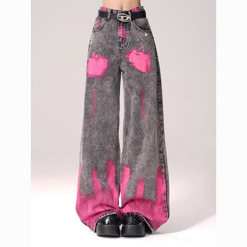 

High Street Graffiti Printed Straight Jeans Women s High Waist Skinny Wide Leg Loose Drop Floor Pants XL