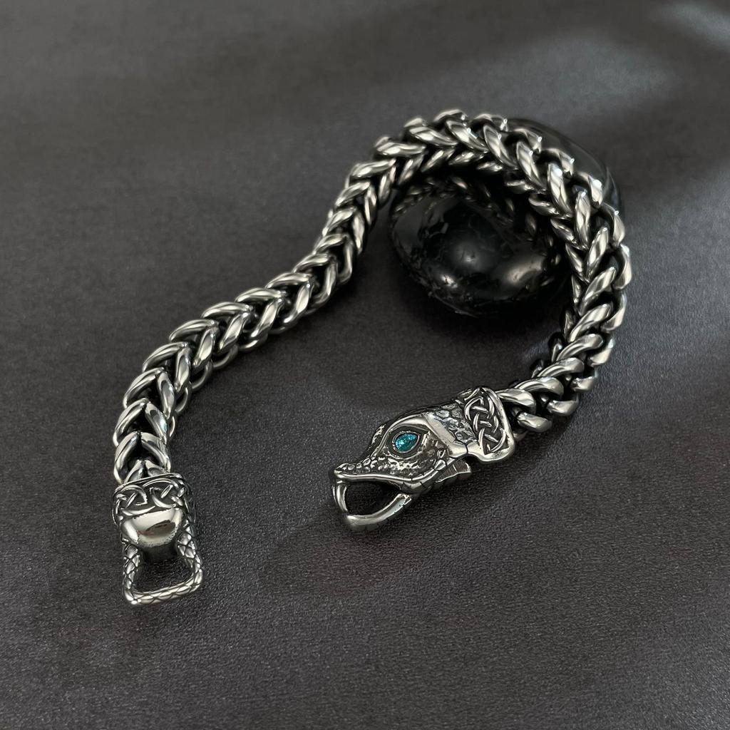 European American New Dark Snake Head Stainless Steel Bracelet Men's Thick Chain Retro Punk Style Personalized Trendy Accessory