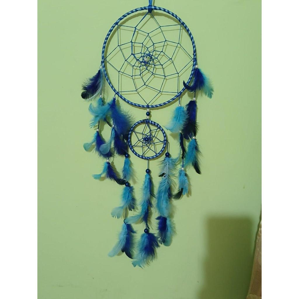 Catchers Wall Hangings, Home Décor, Handmade Dreamcatcher for Bedroom, Balcony, Garden, Party, Café, Small Ring Beaded Blue & Light Blue Feathers