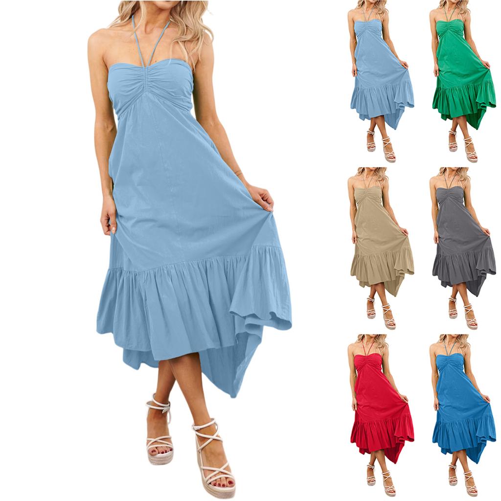 Women's Sleeveless Drawstring Halter Neck Off Shoulder Patchwork Pleated Flared Hem Strapless Long Dress Summer Casual Beachwear
