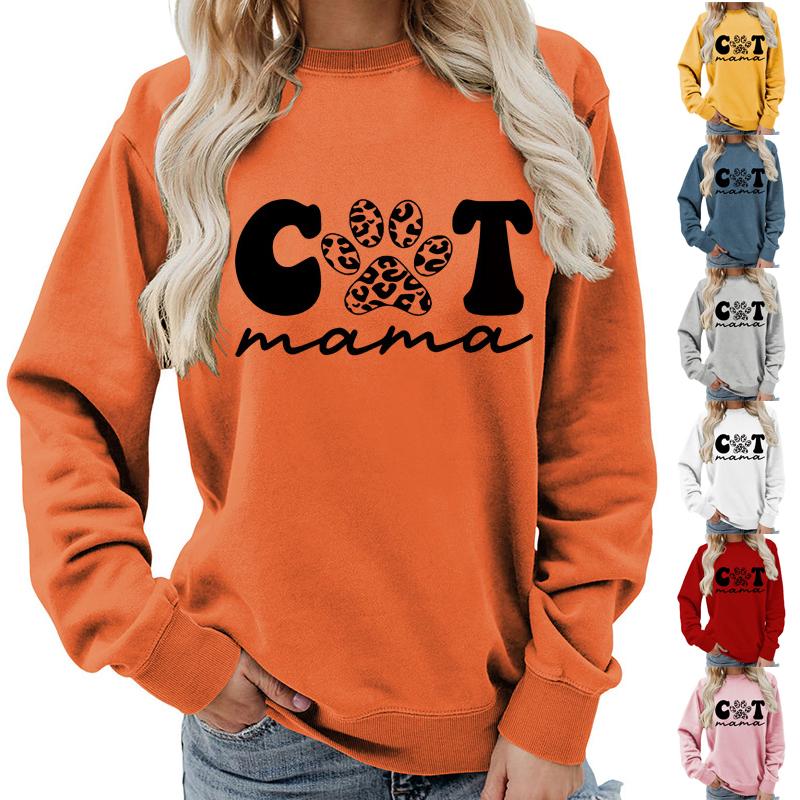 Women's Fashion Round Neck Long Sleeve Colorful Cat  Letter Top Sweatshirt