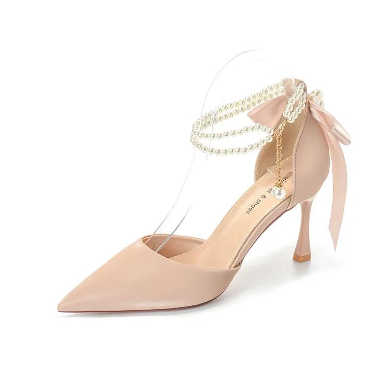 Fashion Women Summer High Heels Sandals Lady Pointed Toe Stiletto Butterfly Knot Pumps Fashion Pearl Buckle Strap Wedding Bridal Shoes