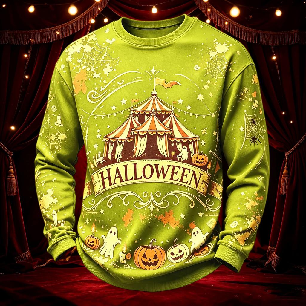 Men's Casual Round Neck Long Sleeve Top with Halloween Print