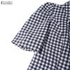 ZANZEA Women Short Sleeve Blouse and Long Skirts Plaid Print Two Piece Suit Sets