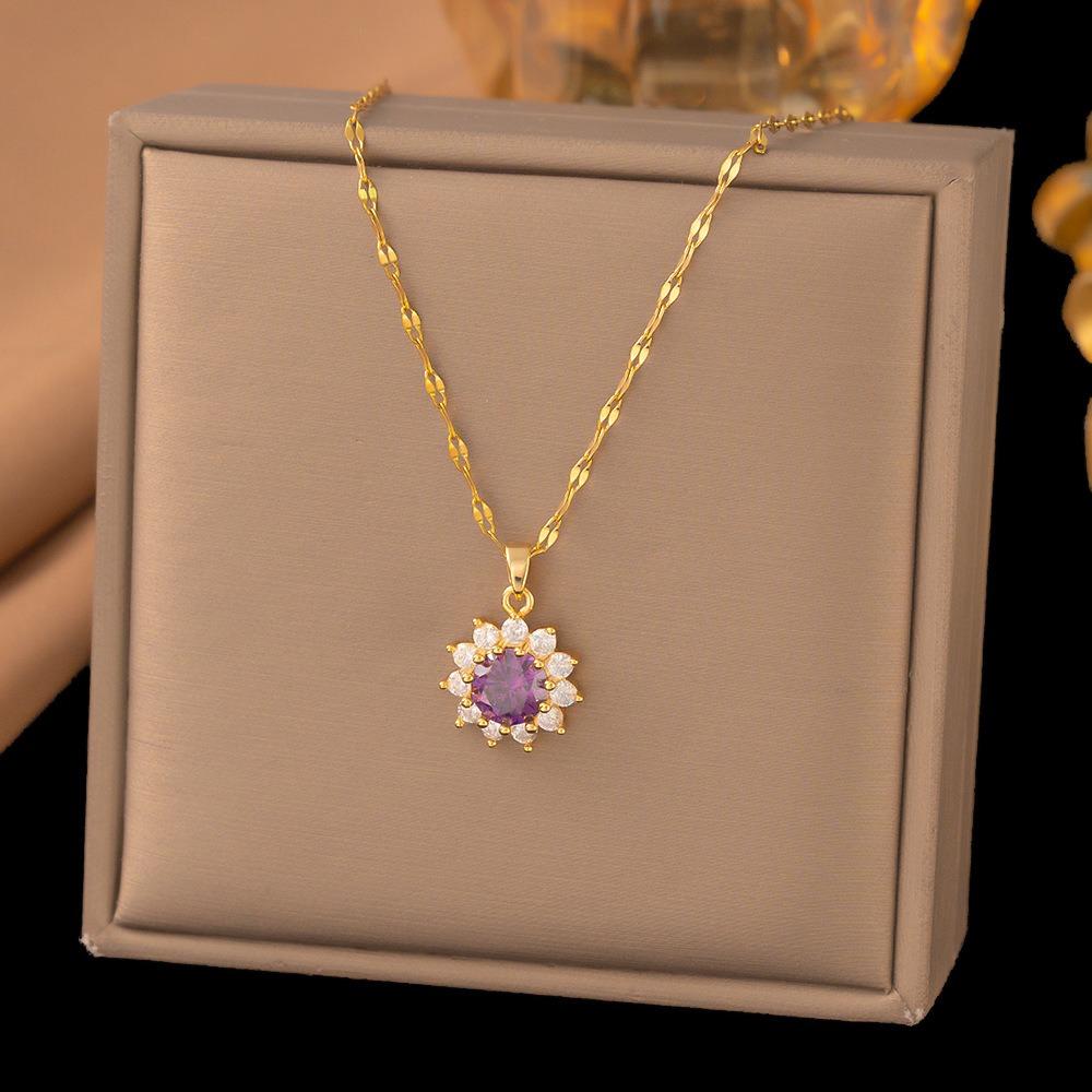 Luxury Romantic Purple Crystal Zircon Flowers Pendant Necklace for Women Bride Wedding Gold Color Stainless Steel Jewelry Gift
