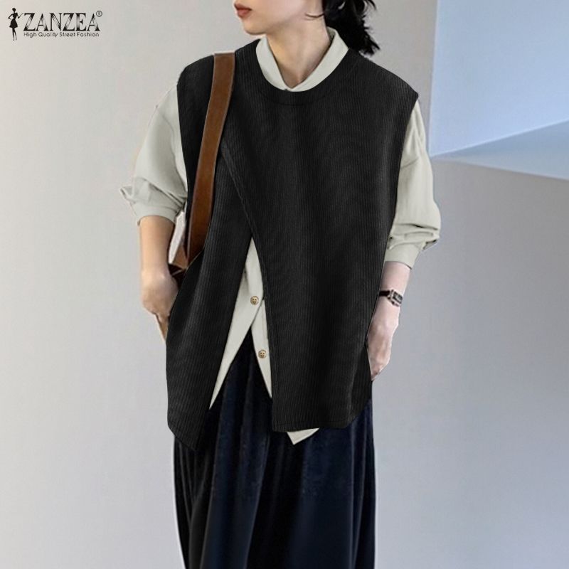 ZANZEA Women Casual Turn Down Collar Patchwork Loose Long Sleeve Blouse