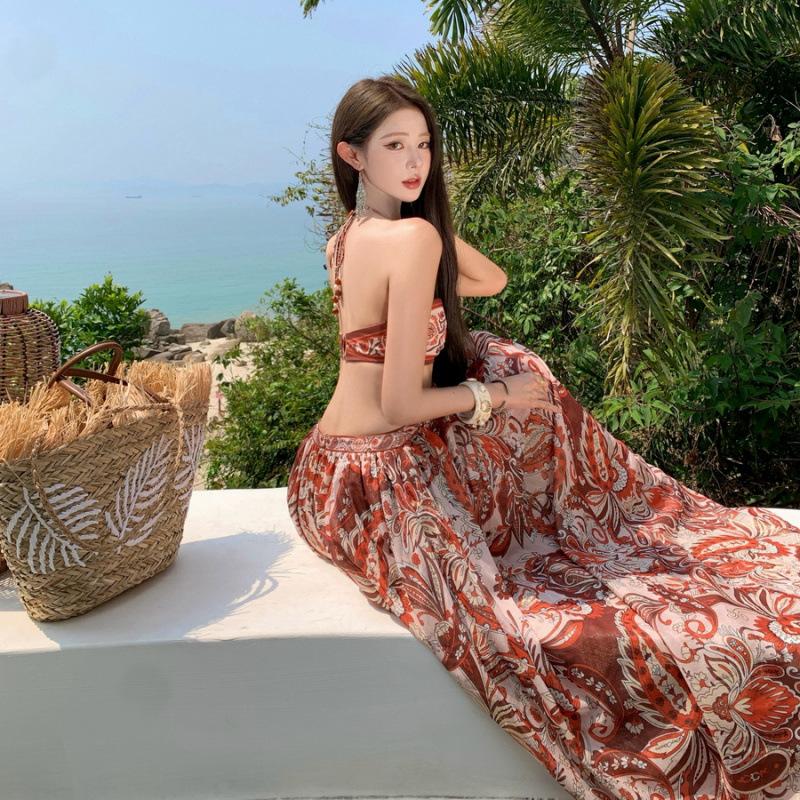 French retro printing neck dress temperament thin tube top backless holiday dress real shot