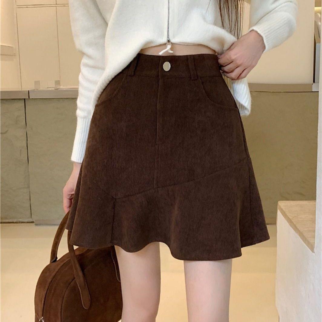 Coffee High-Waisted Corduroy Ruffle Fishtail Mini Skirt, Autumn/Winter 2025 S for under 95 lbs