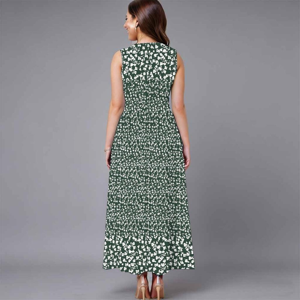 Women Oversized Sleeveless Crew Neck Dress Soft Watercolor Floral Loose Mid Calf Gown