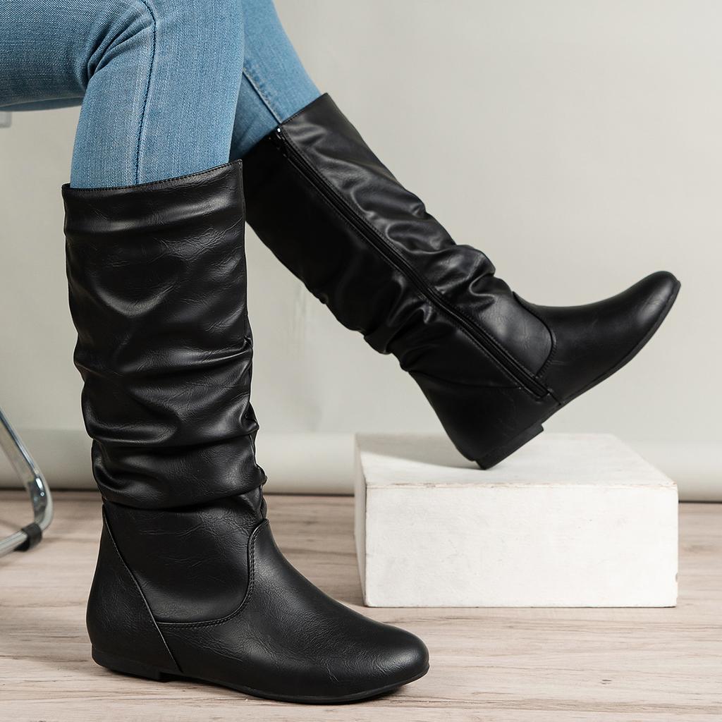 Fashion Comemore Black Wedges Women's Boots 2025 Autumn New Large Size Wrinkled Mid-calf Boots Round Toe Ladies Shoes High Heel Botas