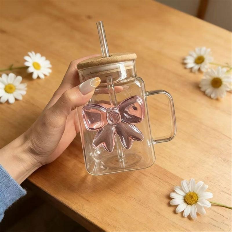 Premium Glass Tumblers With Ergonomic Handle And Straw Wooden Lid For Hot and Cold Drink Juice Coffee Tea Drinking Mug