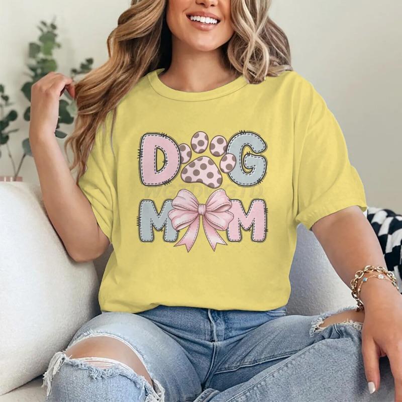 Dog Mom Graphic Crew Neck T-Shirt For Women CasualTee With Short Sleeves Pink Bow Paw Print Design Perfect For Mother's Day