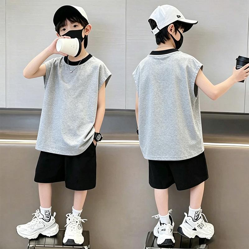 Boys' Stylish Cotton Color Block Vest & Shorts Set – Summer Two-Piece Casual Outfit