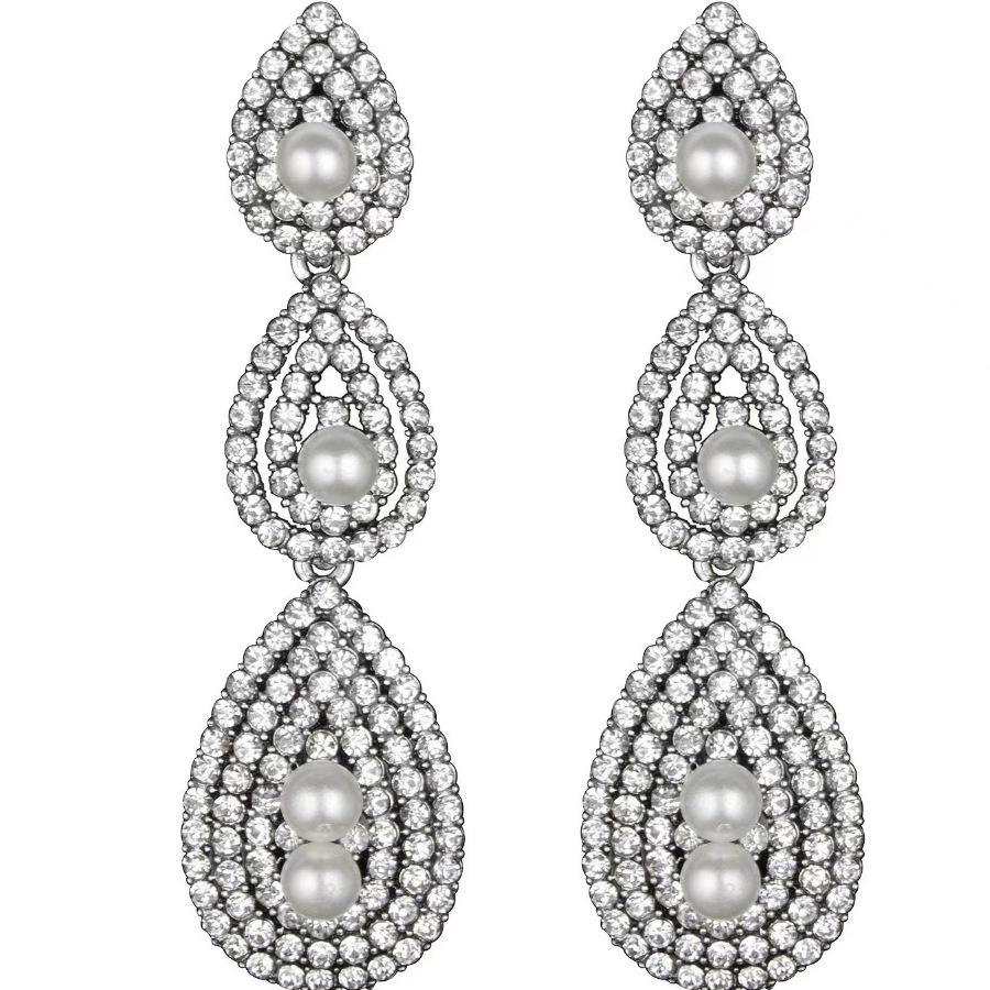 1920s Masquerade Pearl & Diamond Earrings - Gatsby Party, Bride, Wedding, Ball