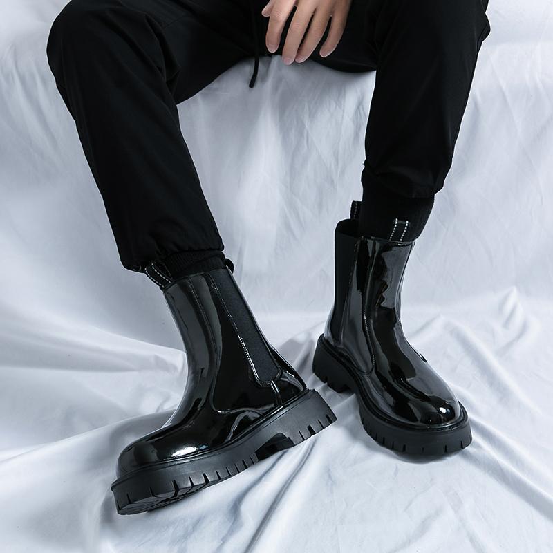 Men’s Platform Green Boots Thick Sole Personality Patent Leather Boots Retro Height Increase Punk Party Shoes Men High Top Plus Size