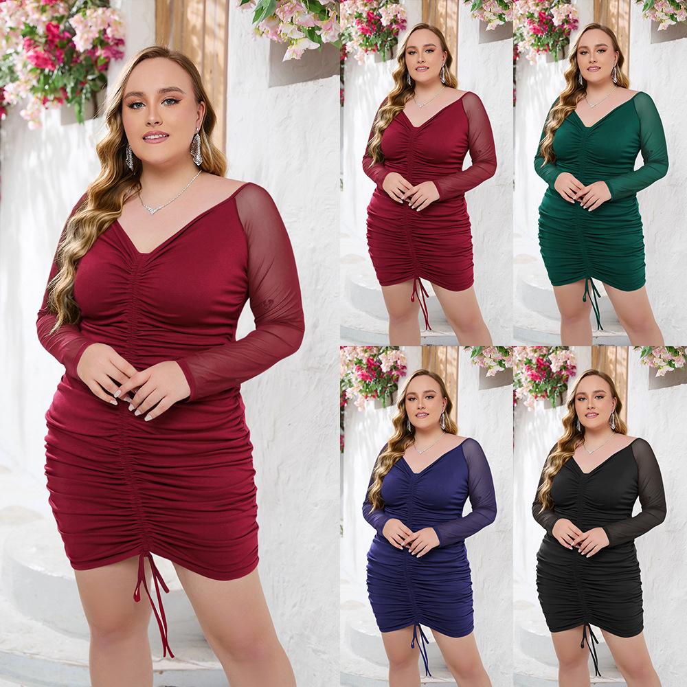 Plus Size Women Solid Color Long Sleeve Bodycon Dress Sheer Mesh Sleeve V Neck Ruched Mini