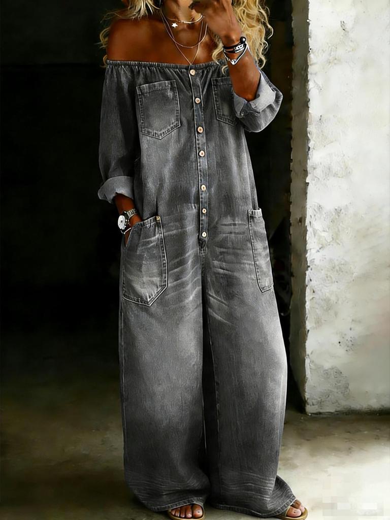 Tuta in Denim da Donna Off-the-Shoulder Europea e Americana 2026 - Moda Primavera e Autunno, Sexy Design Monopetto.