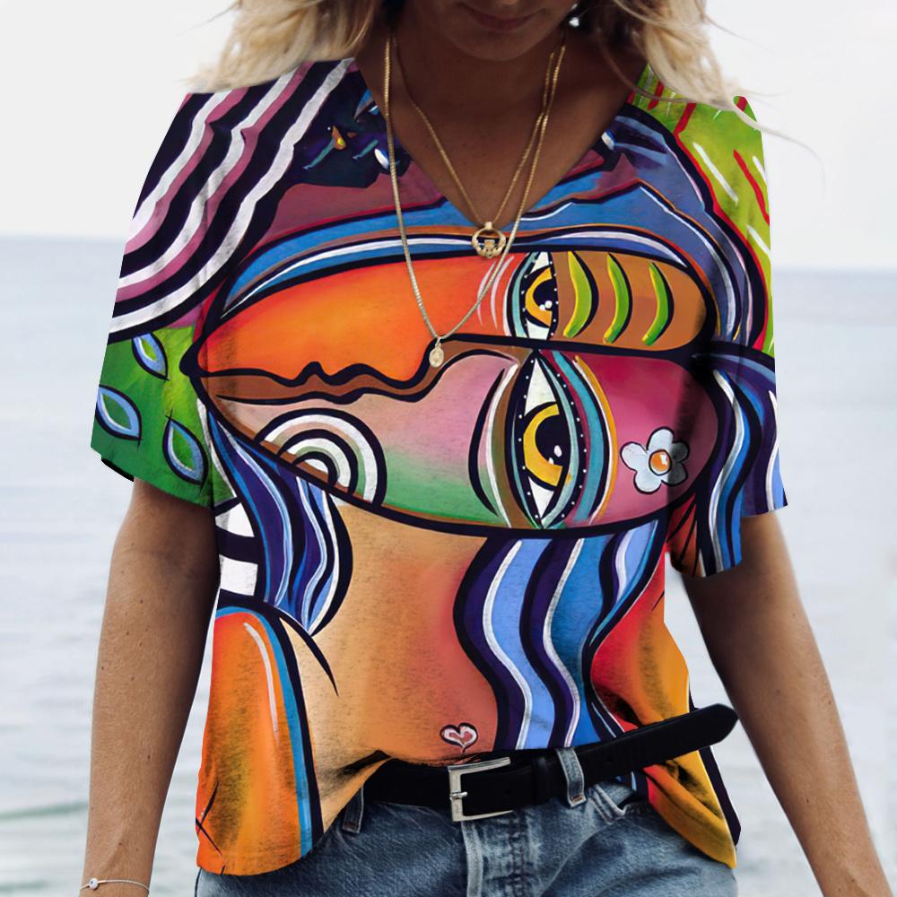 Camiseta feminina arte abstrata rosto impressão meninas roupas 3d oversized clássico manga curta topos moda feminina casual streetwear