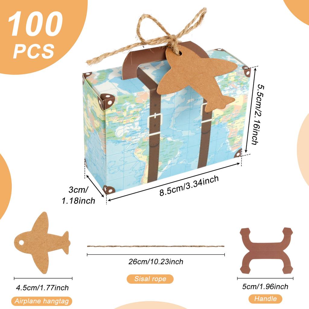 50/100Pc Vintage Party Favor Candy Box with Aircraft Tags Reusable Mini Suitcase Favor Box for Travel Themed Party Bridal Shower