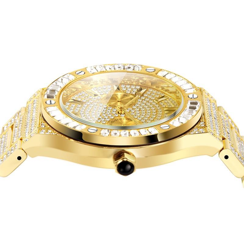 MISSFOX Mens Quartz Watch Bling Full Round Dial Waterproof 30M Classic Gold Plated Hip Hop Style