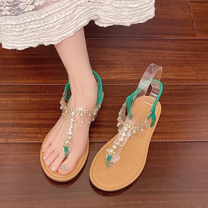 2025 Women's Flat Sandals Rhinestones Toe Clip Elastic Band Women Shoes Dress Beach Fashion Transparent Upper Sandalias De Mujer
