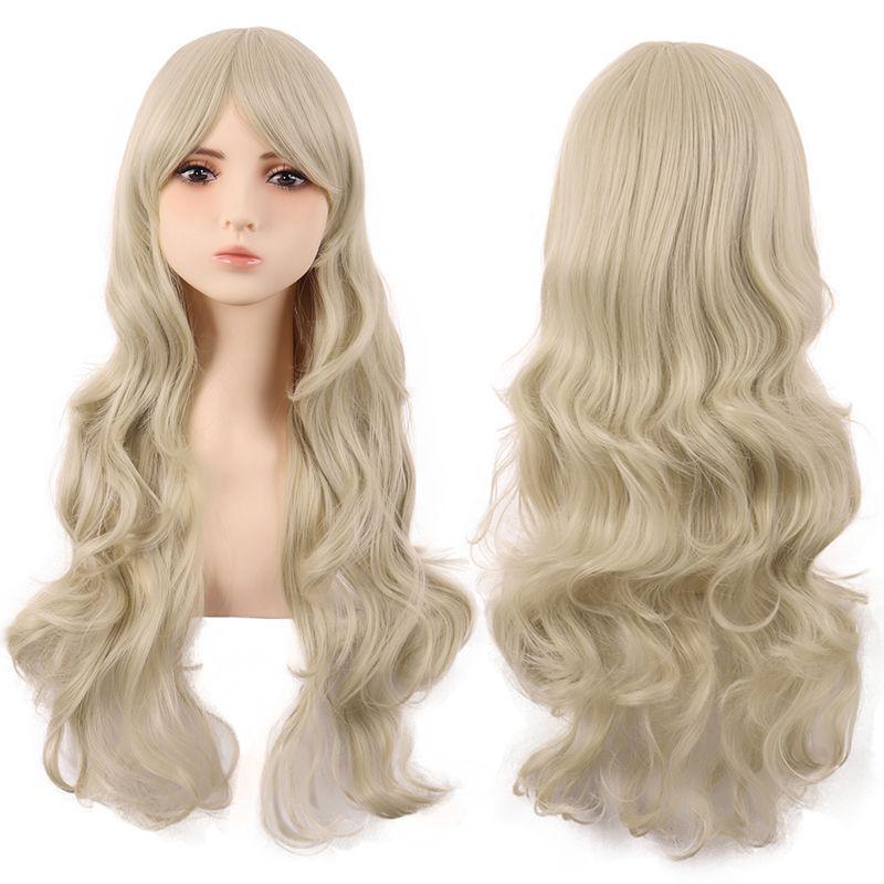 Flerfärgad 70 cm lång lockig animeperuk: Rotfrukt Rosa, Ljusguld, Svart, Roseröd Som Tillval